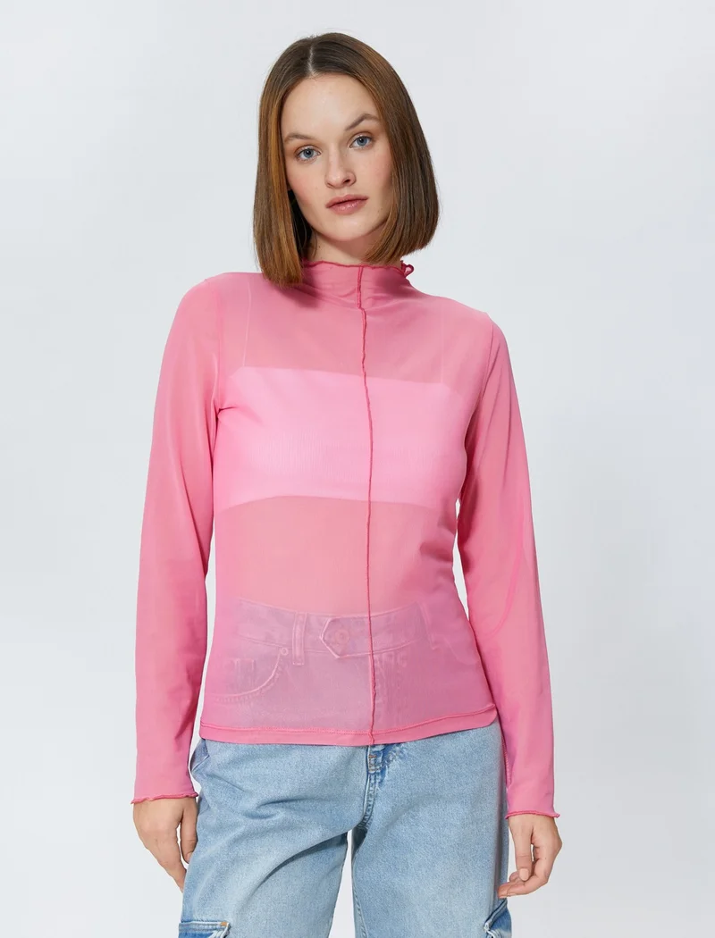 كوتون Transparent T-Shirt High Collar Long Sleeve