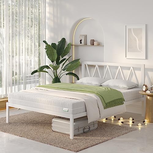 Novilla Full Size Bed Frame with Headboard Metal Platform Bed Frame Heavy Duty No Box Spring Needed Wood Slat Support Easy Assembly White