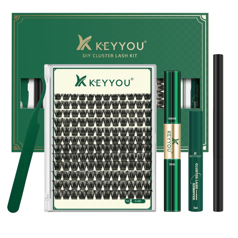 KEYYOU Lash Clusters Kit 144pcs Thick Volume D Curl Eyelash Clusters Lash Extension Kit with Mascara Brush Bond and Seal Glue Remover Applicators and Brush for DIY Lash Extensions (Y02) - Image 1