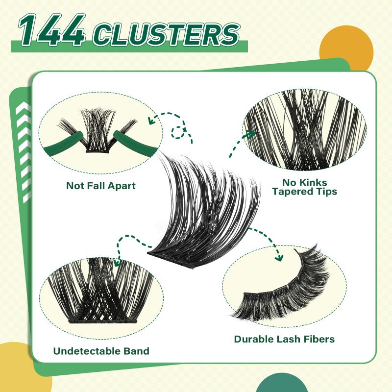 KEYYOU Lash Clusters Kit 144pcs Thick Volume D Curl Eyelash Clusters Lash Extension Kit with Mascara Brush Bond and Seal Glue Remover Applicators and Brush for DIY Lash Extensions (Y02) - Image 3