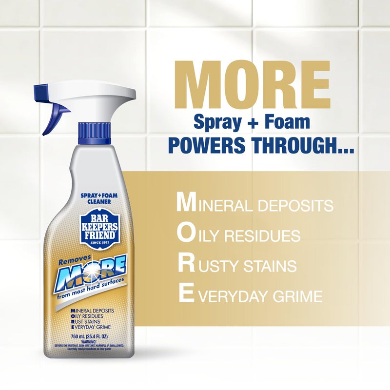 Bar Keepers Friend Soft Cleanser (26 oz) MORE Spray + Foam (25.4 oz) Multipurpose Cleaner Bundle, Stain & Rust Remover for Multi Surface Bathroom, Kitchen & Outdoor Cleaning - Image 4