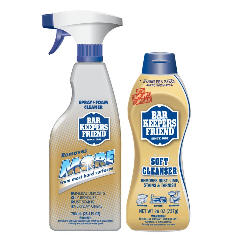 Bar Keepers Friend Soft Cleanser (26 oz) MORE Spray + Foam (25.4 oz) Multipurpose Cleaner Bundle, Stain & Rust Remover for Multi Surface Bathroom, Kitchen & Outdoor Cleaning - Image 1