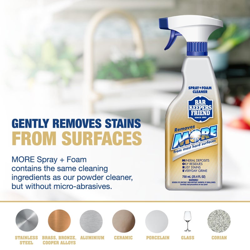 Bar Keepers Friend Soft Cleanser (26 oz) MORE Spray + Foam (25.4 oz) Multipurpose Cleaner Bundle, Stain & Rust Remover for Multi Surface Bathroom, Kitchen & Outdoor Cleaning - Image 2