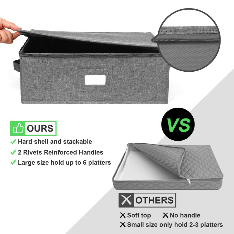 popoly China Storage Containers Hard Shell 2 Pack, Platter Storage Case 17" x 13" x 6", 5 Felt Dividers Included, Structured Top and Stackable (Linen Grey) - Image 5