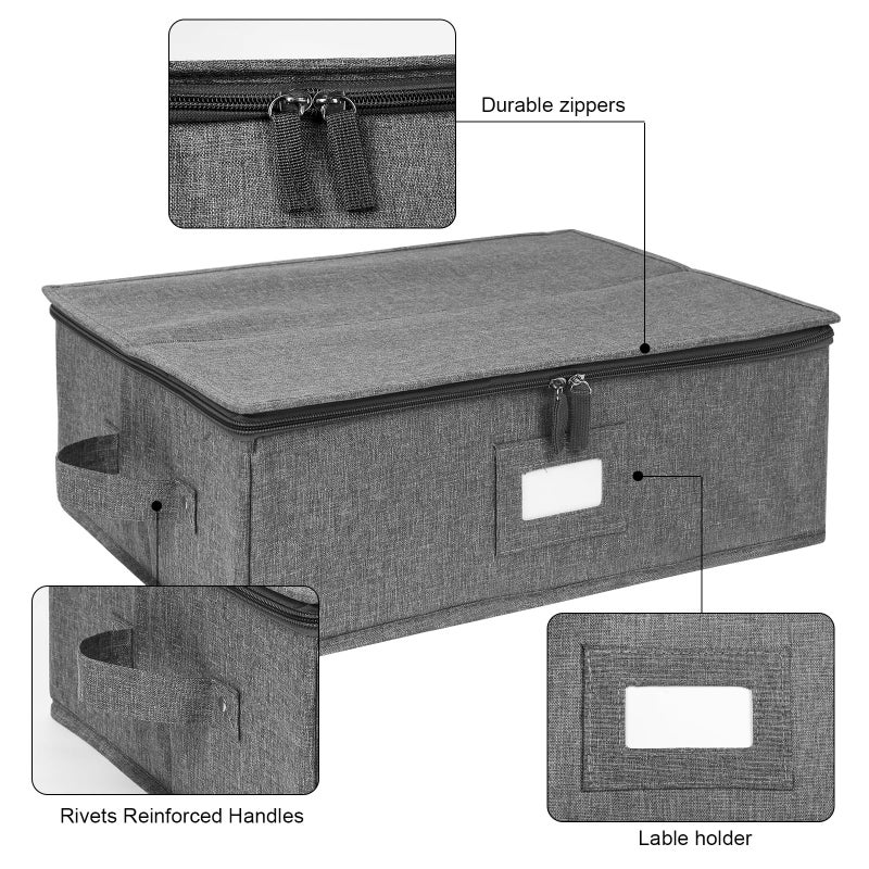 popoly China Storage Containers Hard Shell 2 Pack, Platter Storage Case 17" x 13" x 6", 5 Felt Dividers Included, Structured Top and Stackable (Linen Grey) - Image 3