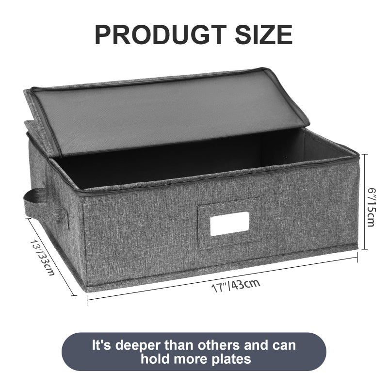 popoly China Storage Containers Hard Shell 2 Pack, Platter Storage Case 17" x 13" x 6", 5 Felt Dividers Included, Structured Top and Stackable (Linen Grey) - Image 4