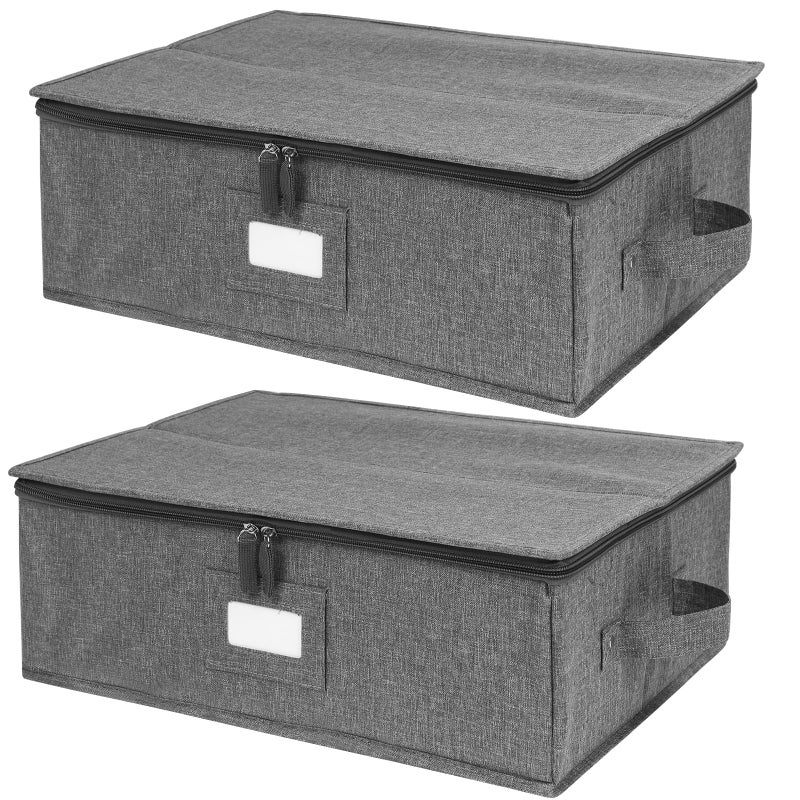popoly China Storage Containers Hard Shell 2 Pack, Platter Storage Case 17" x 13" x 6", 5 Felt Dividers Included, Structured Top and Stackable (Linen Grey) - Image 1