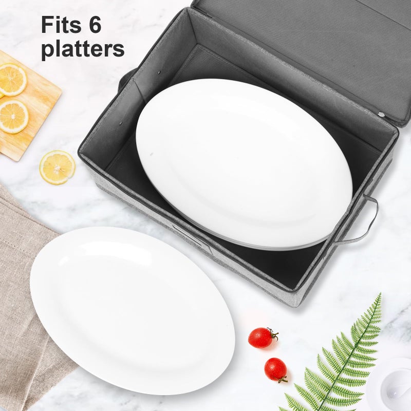 popoly China Storage Containers Hard Shell 2 Pack, Platter Storage Case 17" x 13" x 6", 5 Felt Dividers Included, Structured Top and Stackable (Linen Grey) - Image 2