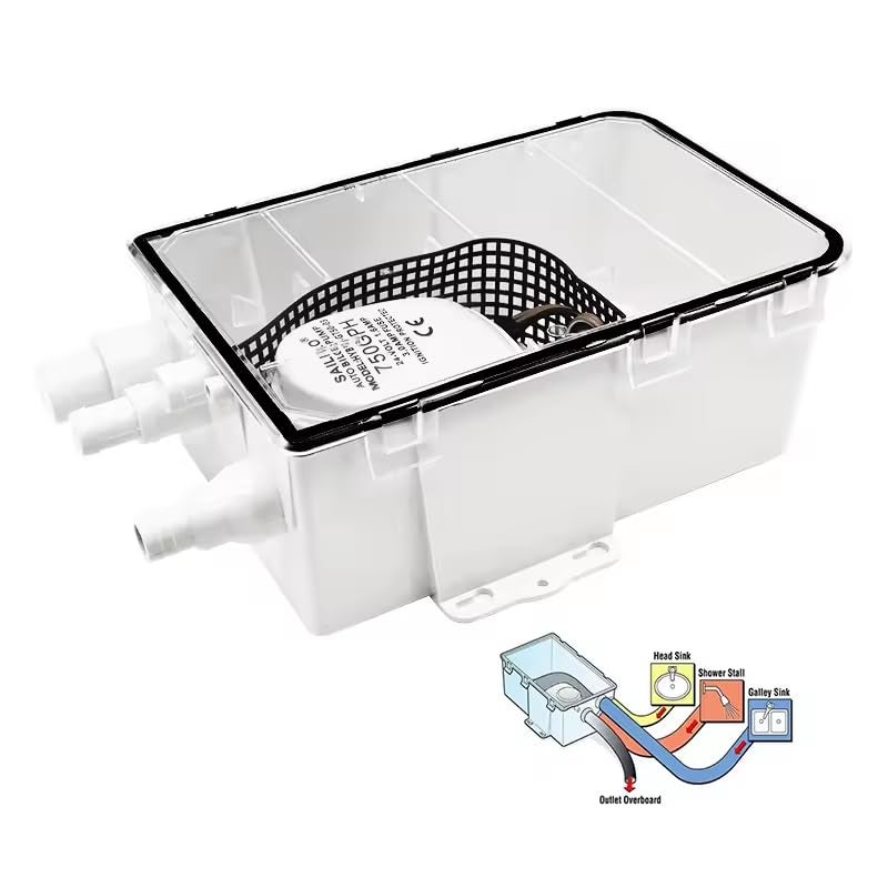 SAILINGFLO Marine Shower Sump Pump Kit System Drain Box-12V 750GPH Built-in Automatic Bilge Pump. Multi-Port Intlet for Marine, Yacht, Boat, Rvs - Image 2