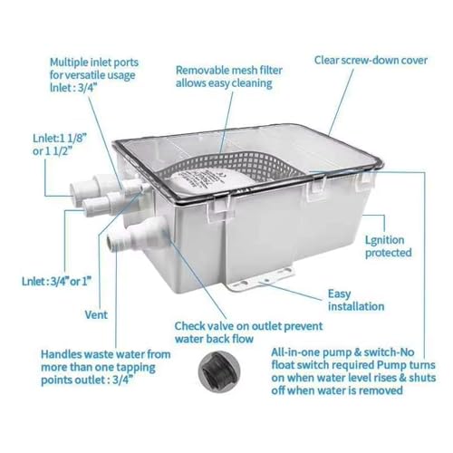 SAILINGFLO Marine Shower Sump Pump Kit System Drain Box-12V 750GPH Built-in Automatic Bilge Pump. Multi-Port Intlet for Marine, Yacht, Boat, Rvs - Image 4