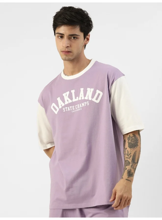 مانياك Mens Printed Round Neck 3/4th Sleeve Purple and White Cotton Oversized T-Shirt