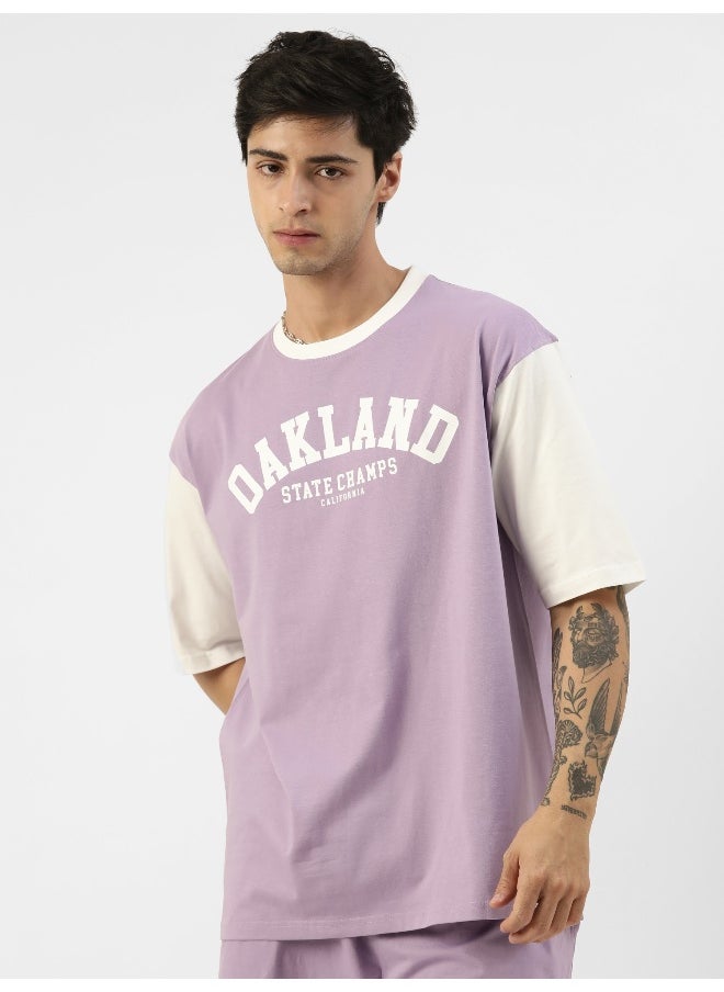 Maniac Mens Printed Round Neck 3/4th Sleeve Purple and White Cotton Oversized T-Shirt  - Image 5