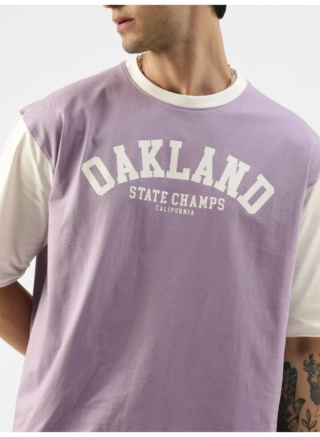 مانياك Mens Printed Round Neck 3/4th Sleeve Purple and White Cotton Oversized T-Shirt