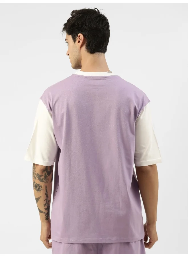 مانياك Mens Printed Round Neck 3/4th Sleeve Purple and White Cotton Oversized T-Shirt