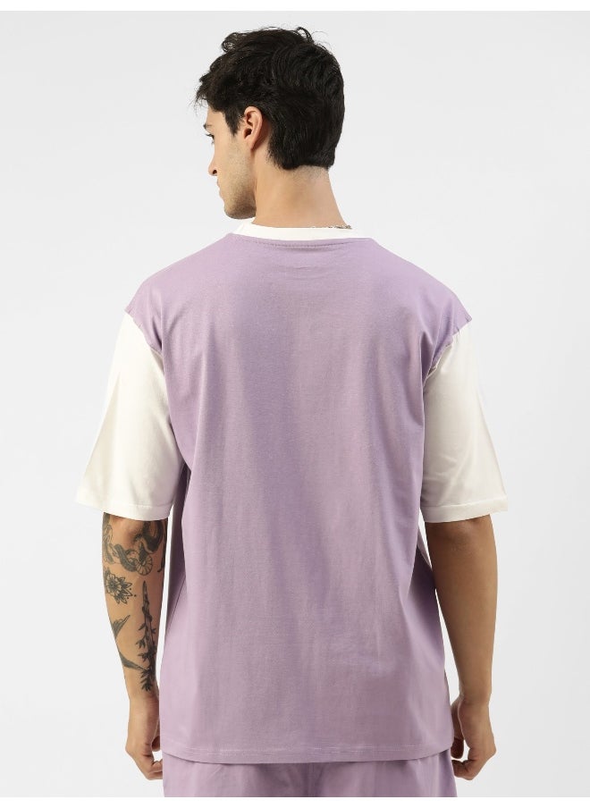 Maniac Mens Printed Round Neck 3/4th Sleeve Purple and White Cotton Oversized T-Shirt  - Image 3