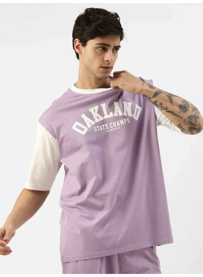 مانياك Mens Printed Round Neck 3/4th Sleeve Purple and White Cotton Oversized T-Shirt