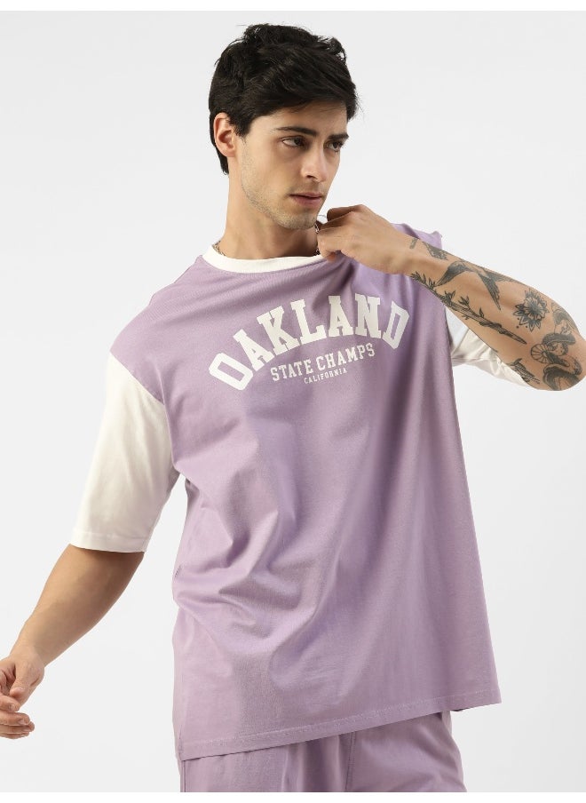 Maniac Mens Printed Round Neck 3/4th Sleeve Purple and White Cotton Oversized T-Shirt  - Image 4