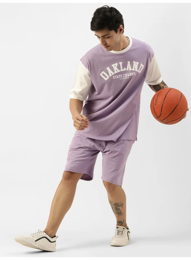 مانياك Mens Printed Round Neck 3/4th Sleeve Purple and White Cotton Oversized T-Shirt