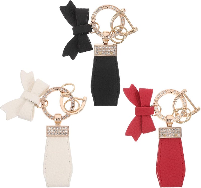 PRETYZOOM 3pcs Rhinestone Bowknot Keychain Set Pu Leather Car Key Pendant Handbag Motorcycle Keyring Accessories for Women Car Keys Ornaments - Image 1