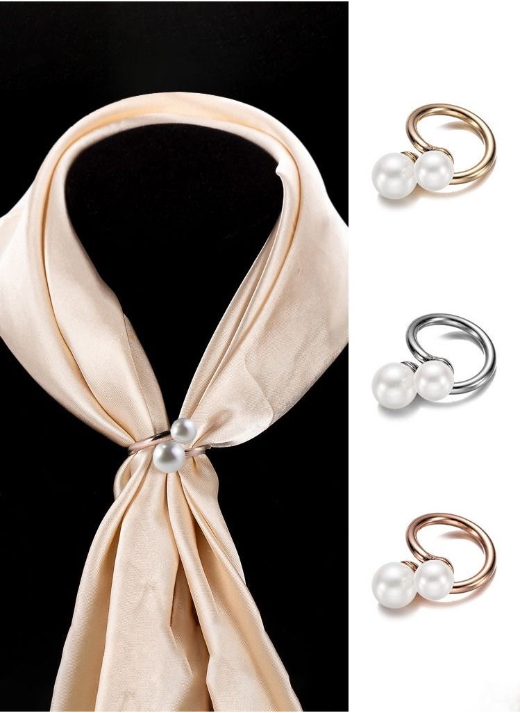 RARELY - 3 Piece Silk Scarf Buckle Two Pearl Alloy Rings - Image 1