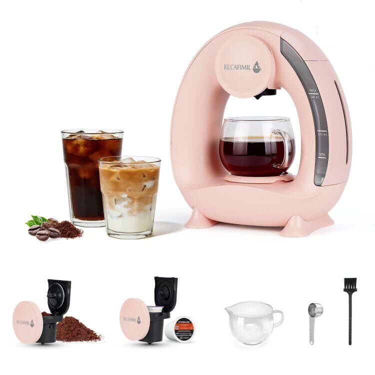 RECAFIMIL Single Serve Coffee Maker For K Cup Pod and Coffee Grounds /Tea, Fast Brew in 2 minutes, 2 IN 1 One Button Coffee Machine 4-8 Oz Brew Sizes, Stylishï¼†Compact For Home, Office, RV and Dorm, Pink - Image 1
