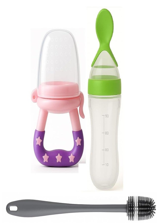 Joy Buzz Baby Food Dispensing Spoon Feeder Bottle 90ml and Fruit Feeder/Nibbler/Pacifier with Cleaning Brush Pack of 3 (GRN-Pink)