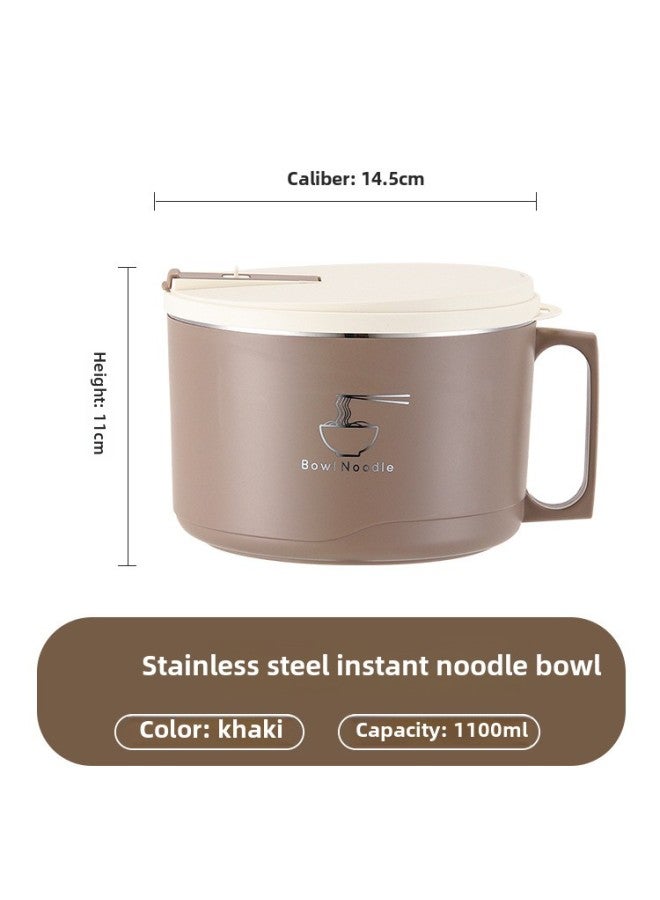 304 Stainless Steel Instant Noodle Bowl With Lid Thermal Insulation Seal Portable Student Fast Food Cup Tableware Japanese Bento Box Lunch Box-Specifications:Khaki ]-Color:304 Stainless Steel Liner  - Image 1