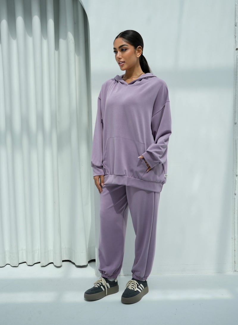 Andy 6616 | Women's Cotton Oversized Two-Piece Hoodie Set Relaxed Fit Hoodie with Front Pocket and Jogger Pants | Purple  - Image 3