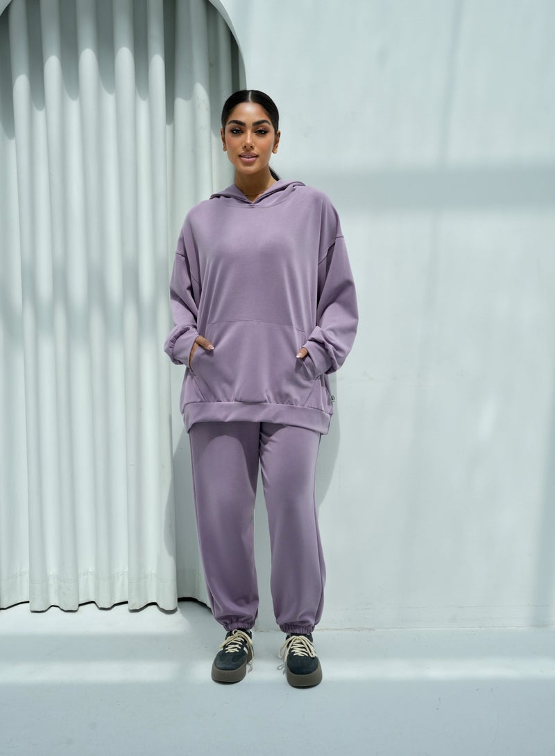 Andy 6616 | Women's Cotton Oversized Two-Piece Hoodie Set Relaxed Fit Hoodie with Front Pocket and Jogger Pants | Purple  - Image 1