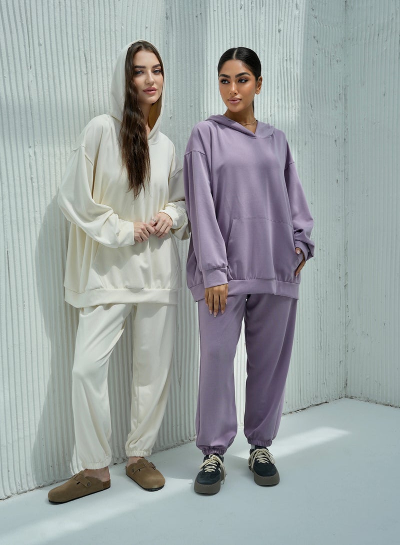 Andy 6616 | Women's Cotton Oversized Two-Piece Hoodie Set Relaxed Fit Hoodie with Front Pocket and Jogger Pants | Purple  - Image 2