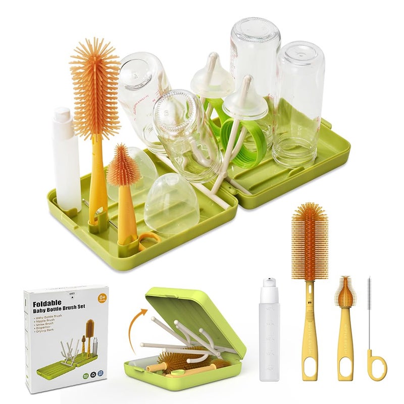 VOGOGE Travel Bottle Brush with Portable Bottle Drying Rack, Baby Bottle Brush for Baby Travel Essential, Green - Image 1