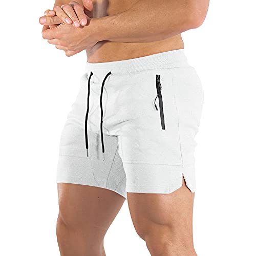 PIDOGYM Men's 5" Gym Workout Shorts,Fitted Jogging Short Pants for Bodybuilding Running Training with Zipper Pockets White - Image 1