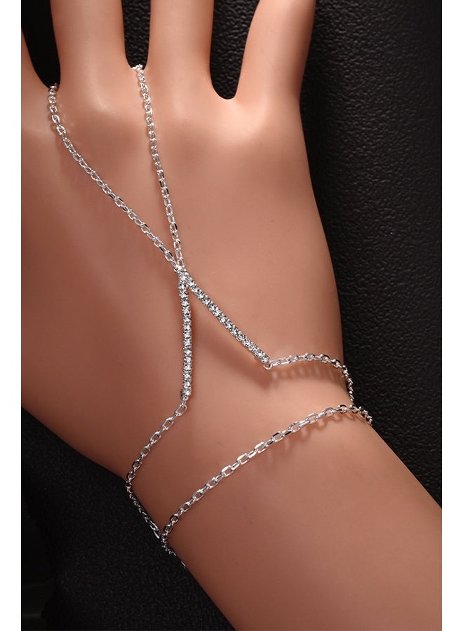 Boho Wrist Layered Finger Bracelet Ring Hand Chain Silver Crystal Ring Bracelet Non Tarnish v Shape - Image 2