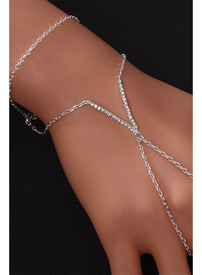 Boho Wrist Layered Finger Bracelet Ring Hand Chain Silver Crystal Ring Bracelet Non Tarnish v Shape - Image 1