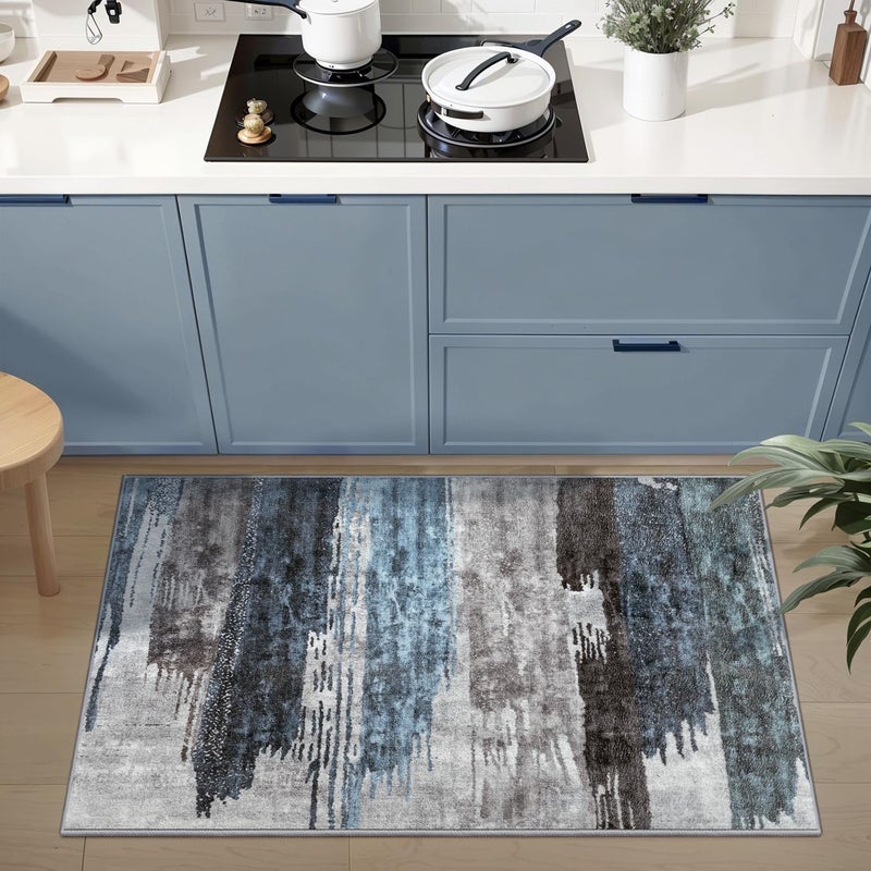 Ciicool Modern Abstract Area Rug 2x3 Washable Small Entryway Rug, Non-Slip Low Pile Throw Rug, Foldable Kitchen Bathroom Rugs, Blue Grey Floor Carpet for Entrance Living Room Bedroom Indoor Doormat - Image 2