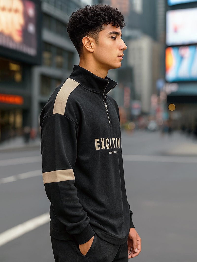 Jump Cuts Mens Printed High Neck Half Zipper Full Sleeve Black & Beige Cotton Blend Polo T-Shirt - Image 2