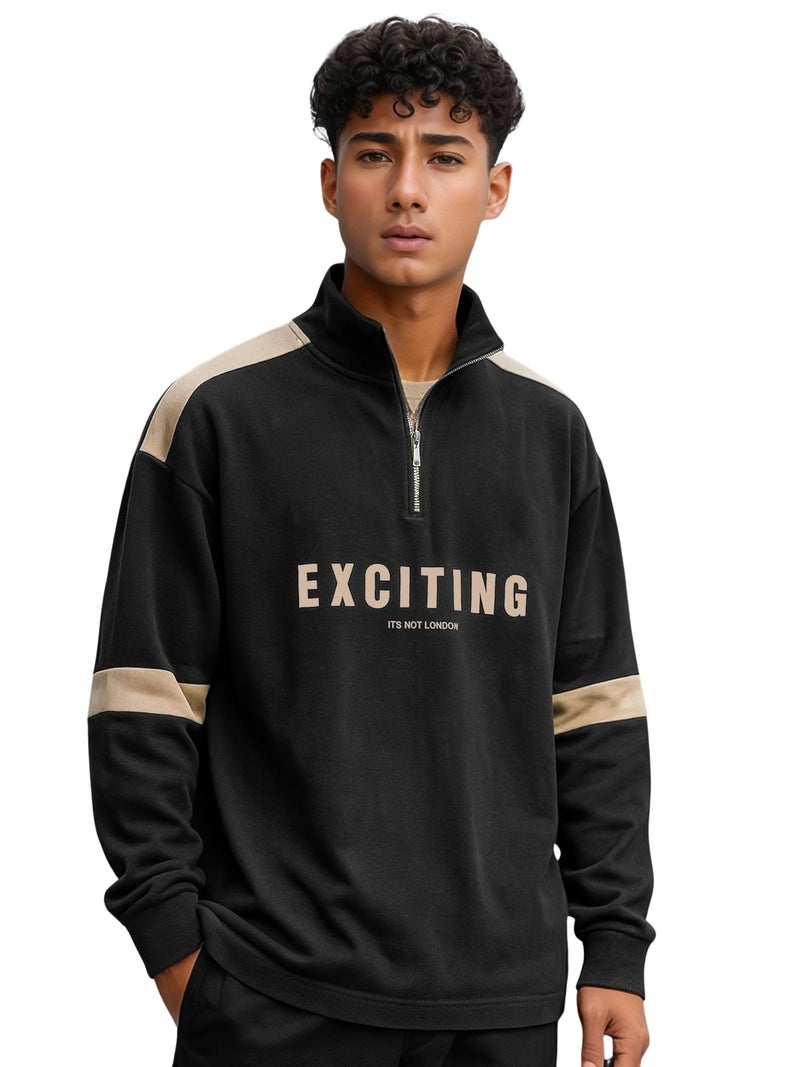 Jump Cuts Mens Printed High Neck Half Zipper Full Sleeve Black & Beige Cotton Blend Polo T-Shirt - Image 1