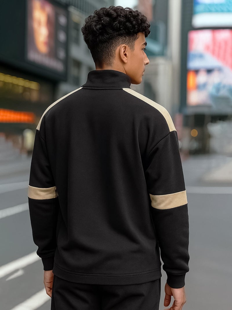 Jump Cuts Mens Printed High Neck Half Zipper Full Sleeve Black & Beige Cotton Blend Polo T-Shirt - Image 3