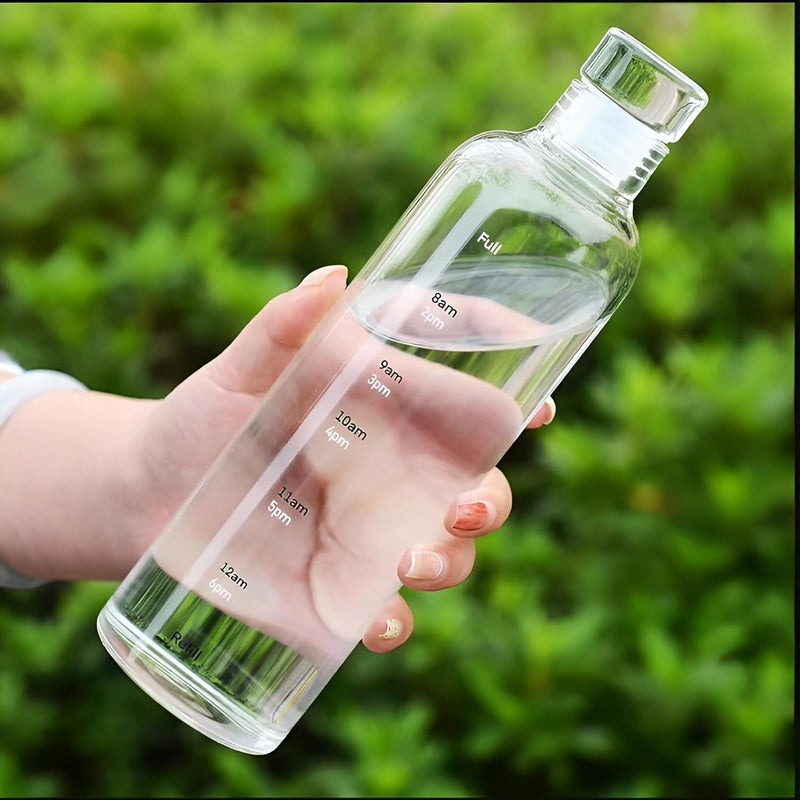 JIGSHTIAL زجاجات مياه بوروسيليكات، زجاجة مياه ثلاجة H2O مع غطاء، غطاء محكم التسرب ومضاد للهواء، زجاجة مياه للمكتب، المدرسة، الكلية - زجاجات 500 مل مع علامة زمنية (أبيض 500 مل) - Image 1