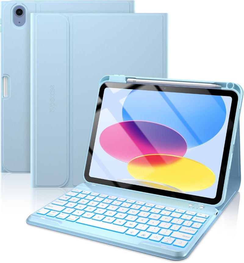 typecase Folio Keyboard Case for iPad A16 (11th, 2025) & iPad 10th Gen 10.9 inch (2022), Magnetic Wireless Detachable Keyboard, 7-Color Premium Backlight, Thin & Light, Pencil Holder – Sky Blue - Image 1
