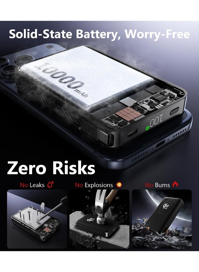 بروتيكت باور بانك ماج سيف بتقنية Solid-State سعة 10000mAh، شحن لاسلكي Qi2.2 بقدرة 25 واط و شحن سريع 35 واط PD، شاحن محمول مع كابل USB-C مدمج و حامل، متوافق مع iPhone 17/16/15/14/13 Pro Max، أسود - Image 2