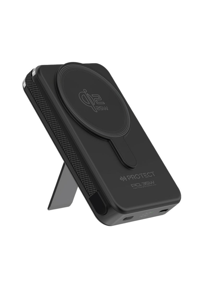 بروتيكت باور بانك ماج سيف بتقنية Solid-State سعة 10000mAh، شحن لاسلكي Qi2.2 بقدرة 25 واط و شحن سريع 35 واط PD، شاحن محمول مع كابل USB-C مدمج و حامل، متوافق مع iPhone 17/16/15/14/13 Pro Max، أسود - Image 1