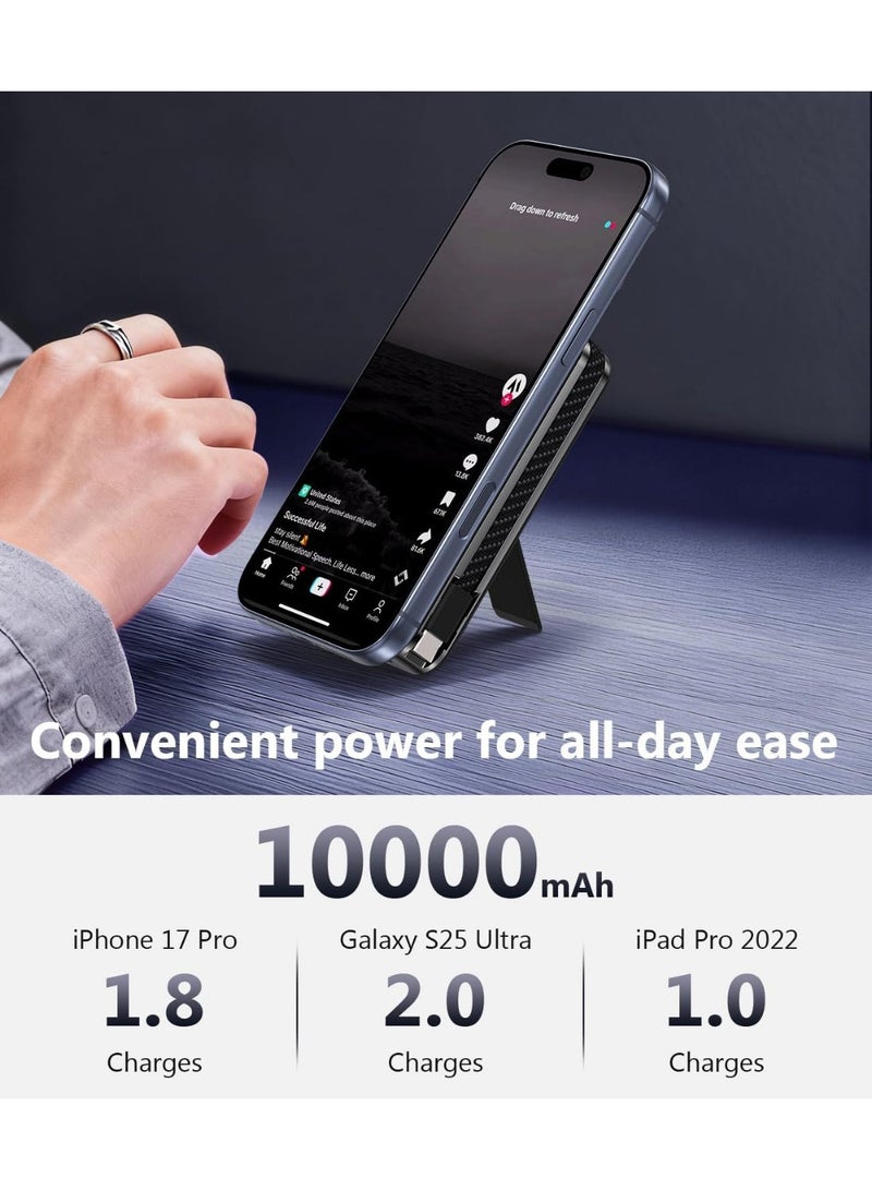بروتيكت باور بانك ماج سيف بتقنية Solid-State سعة 10000mAh، شحن لاسلكي Qi2.2 بقدرة 25 واط و شحن سريع 35 واط PD، شاحن محمول مع كابل USB-C مدمج و حامل، متوافق مع iPhone 17/16/15/14/13 Pro Max، أسود - Image 3