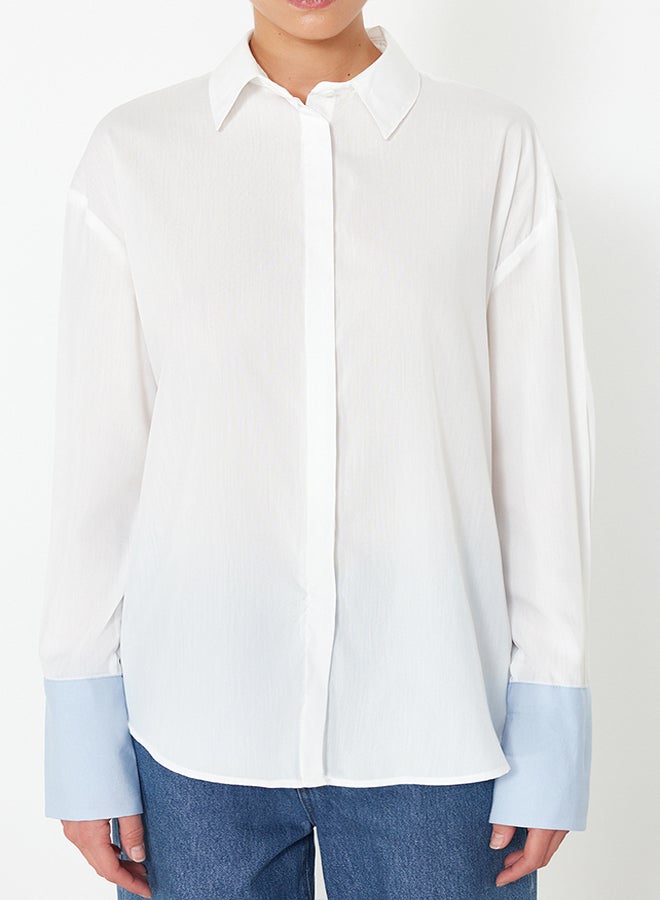 trendyol Ecru Boyfriend Pattern Cuff Detailed Woven Shirt TWOSS24GO00199  - Image 4
