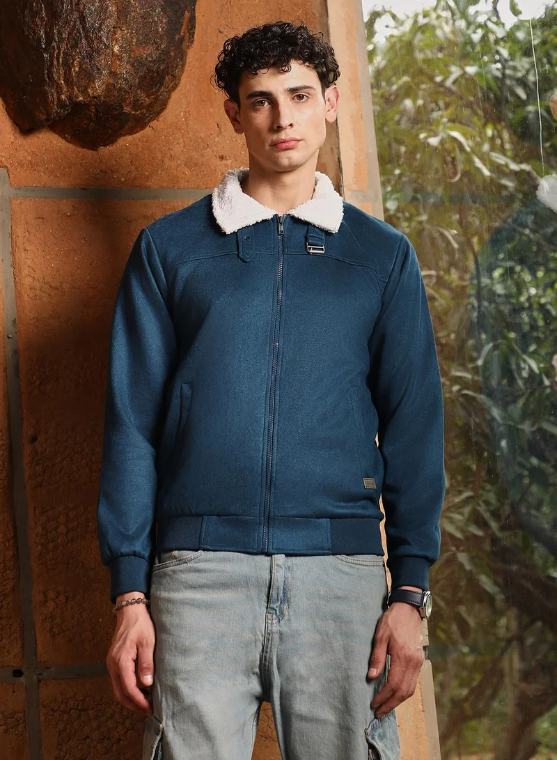 Campus Sutra Men's Admiral Blue Contrast Sherpa-Lined Suede Bomber Jacket | Point Collar , Ribbed Cuff Sleeves , Zipper  Closure , Ribbed-Straight Hem | Solid Textured For Casual & Daily Wear