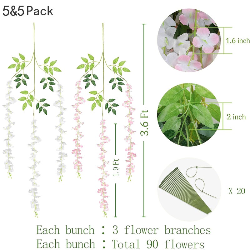 BLEUM CADE 10Pcs White & Pink Fake Wisteria Hanging Flowers, 3.6Ft/Pcs Artificial Wisteria Garland, Hanging Flowers for Wedding Party Home Backdrop Wall Decoration - Image 2