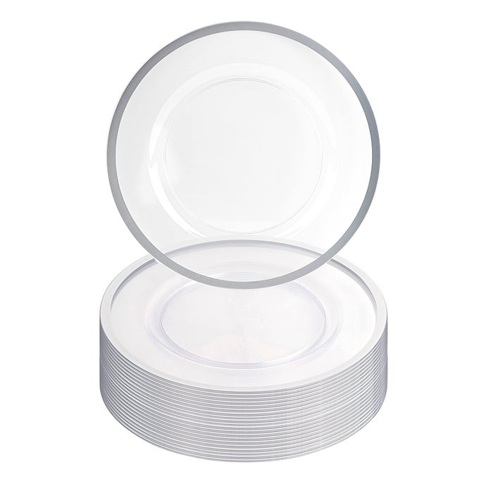 13INCH CHARGER PLATES 16 PACK CLEAR SILVER RIM HEAVYDUTY DISPOSABLE CHARGERS FOR ELEGANT DINING IDEAL FOR WEDDINGS AND FORMAL EVENTS