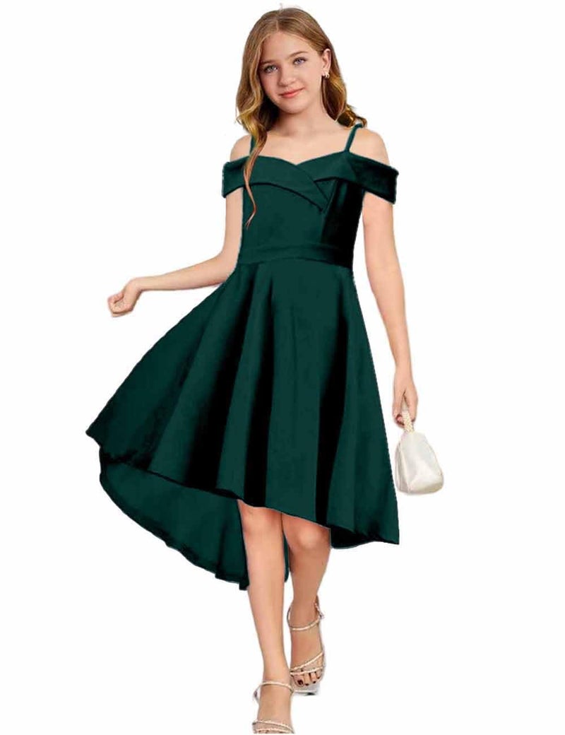 LuckyShe Big Girls Princess Dresses Elegant Cold Shoulder A-Line High-Low Swing Party Dress for Kids,Green,12 Years - Image 2
