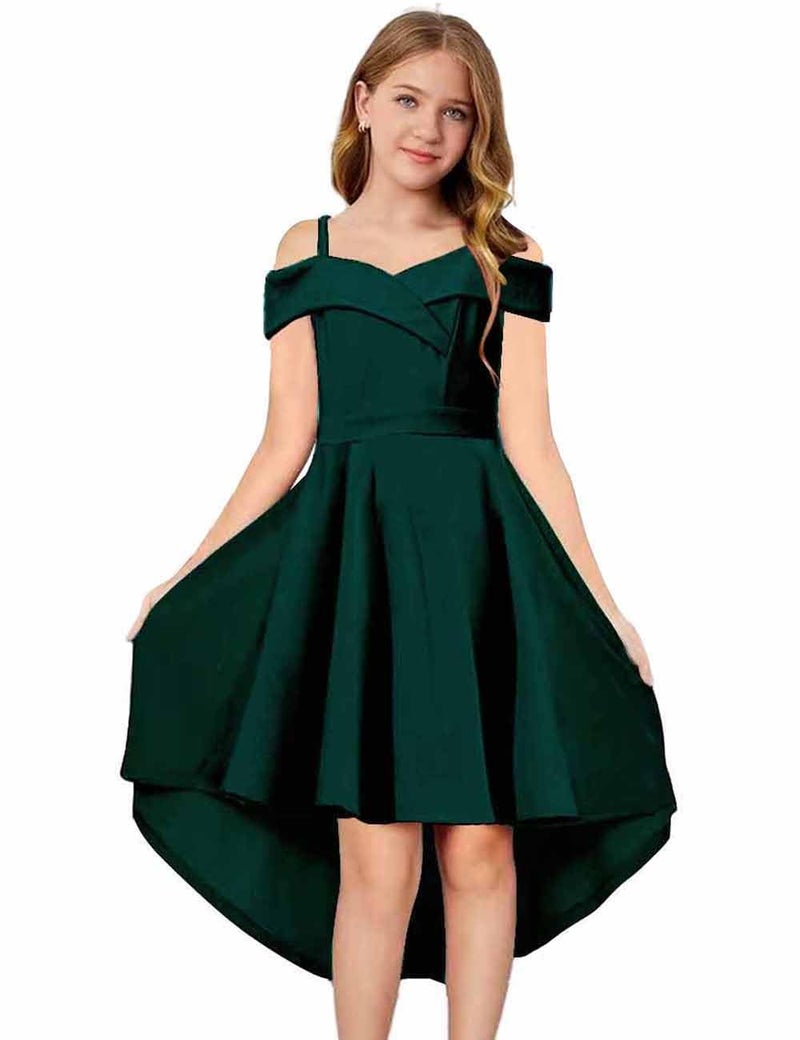 LuckyShe Big Girls Princess Dresses Elegant Cold Shoulder A-Line High-Low Swing Party Dress for Kids,Green,12 Years - Image 1