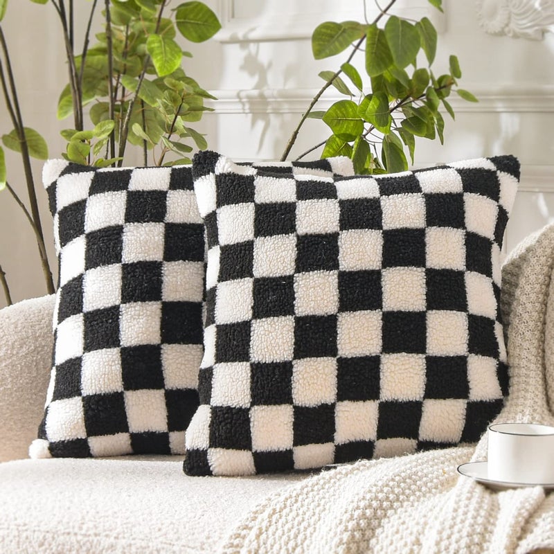 WACOMECO Decorative Throw Pillow Covers  Soft Sherpa Checkerboard Cushion Covers Faux Fur Pillow Cases for Sofa Bedroom Livingroom Car 20 x 20 in Black and Off White